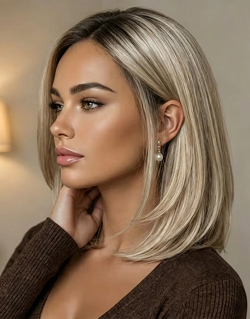 Netina- Ombre Ash Blonde Highlight Straight Bob 13x4 Lace Wig With Dark Roots Human Hair