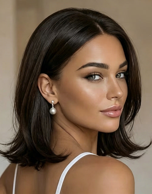 Jaimee- Dark Brown Layered Cut Bob Wig Middle Part Glueless Wig Pre Cut Lace