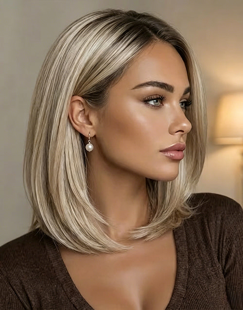 Netina- Ombre Ash Blonde Highlight Straight Bob 13x4 Lace Wig With Dark Roots Human Hair