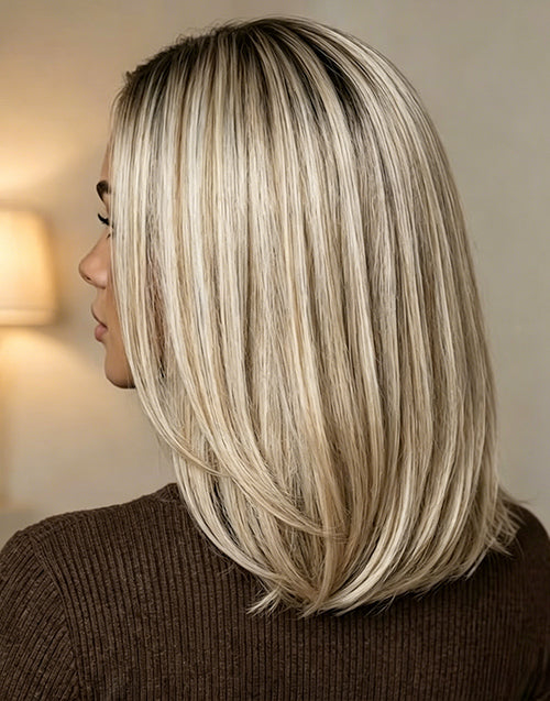 Netina- Ombre Ash Blonde Highlight Straight Bob 13x4 Lace Wig With Dark Roots Human Hair