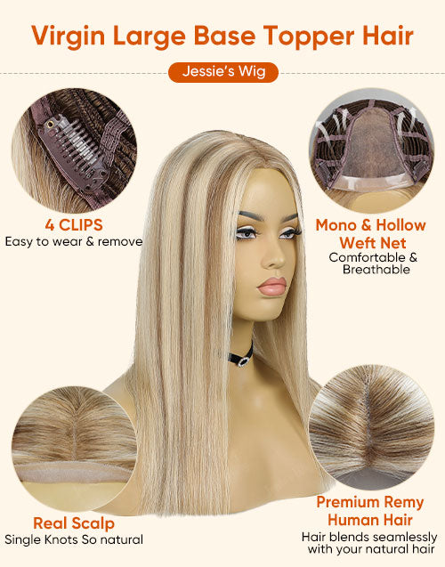 Remy Human Hair Topper Highlight Brown Mixed Platinum Blonde 6"X7" Lace Front Clip In