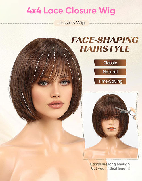 Yillia-Face Framing Brown Bob Wig With Bangs 5X5 Glueless Lace Closure Wig