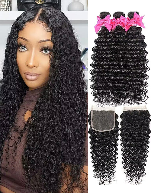 Deep Wave Hair 32inch 3 Bundles With Closure Human Hair With Lace Closure