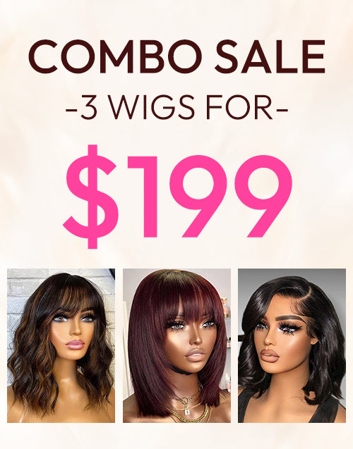 $199=3 WIGS|12" 99J Straight Layer Bob 5x5 Pre Cut Lace Wig With Bangs+10" Brown Highligth Wavy Bob 6x5 Pre Cut Lace Wig With Bangs+10" Wavy Bob 13x5 Pre Cut Lace Wig Flash Deal
