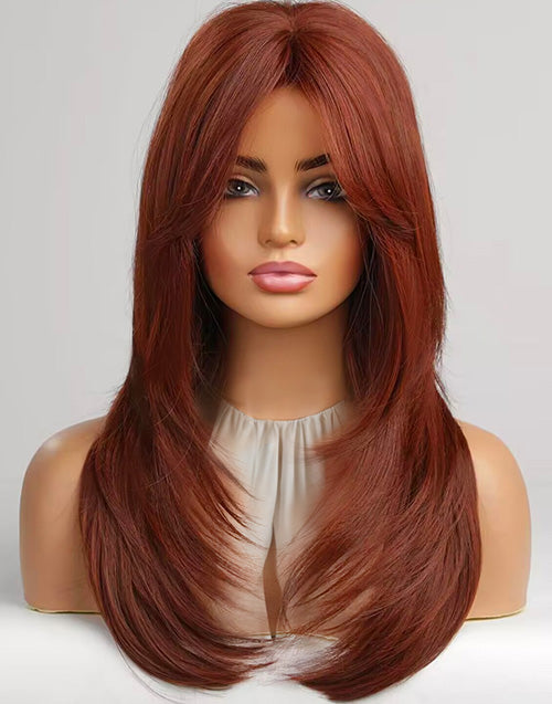 Gloria-Auburn Red Glueless Curtain Bang Wig Layer Cut Straight 13x5 Pre Cut Lace Wig Middle Length