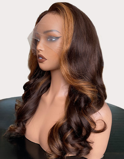 Erin- Chocolate Brown With Honey Highlights Wavy 13x5 Pre Cut Lace Glueless Wig Human Hair