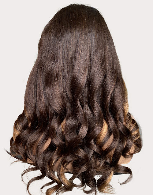 Erin- Chocolate Brown With Honey Highlights Wavy 13x5 Pre Cut Lace Glueless Wig Human Hair