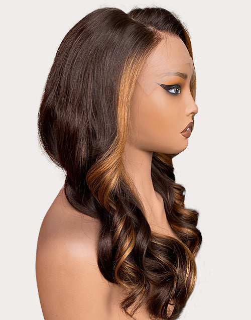 Erin- Chocolate Brown With Honey Highlights Wavy 13x5 Pre Cut Lace Glueless Wig Human Hair