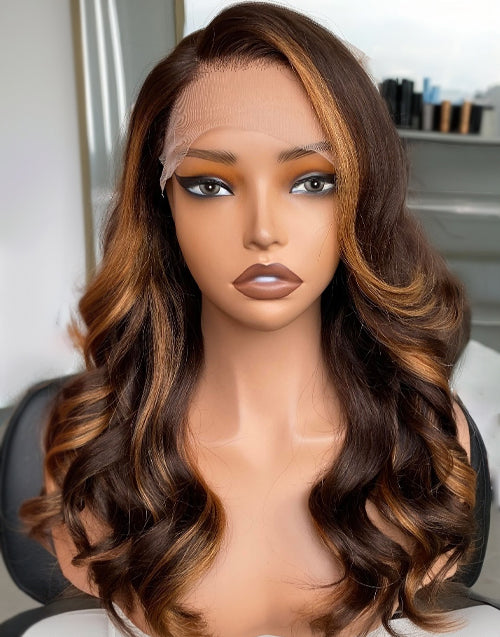 Erin- Chocolate Brown With Honey Highlights Wavy 13x5 Pre Cut Lace Glueless Wig Human Hair