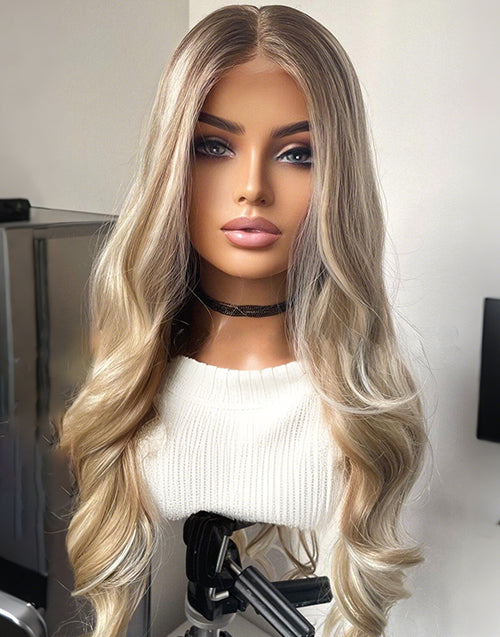 Wanida- Updo Look Mixed Ash And Platinum Blonde Wavy Full Lace Wig Dark Roots Realistic Natural Hairline Wig For Women