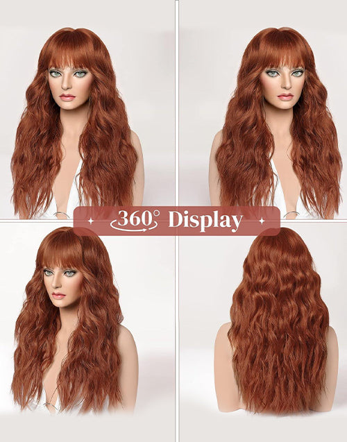 Tinay- Ginger Brown Luxury Water Falll Hair Wig With Bangs Remy Human Hair Wigs For Women