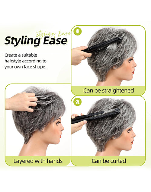 Mavis- Salt And Pepper Color Pixie Cut Wig With Bangs Suitable For Hair Loss and Fashion Change Full Machine None Lace Wig