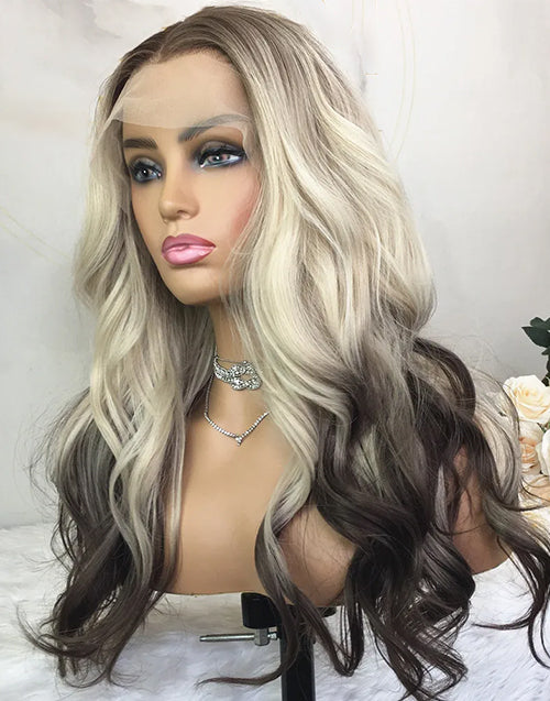 16” Ombre Blonde With Brown Roots Natural Wave 13x4 Lace Front Wig Flash Deal