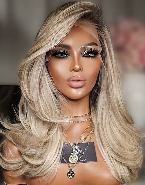 Arit- Ombre Brown Blonde Layered Cut Straight 13x6 Deep Part Lace Wig With Dark Root For Women