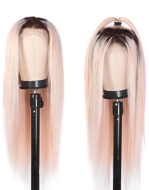 20" Ombre Pink Color With Black Roots Straight Glueless 4x4 Lace Wig Flash Deal