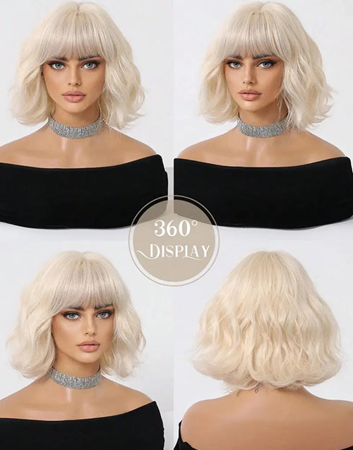 Bianca- #60 Platinum Blonde Short Wavy Bob With Bangs 13x4 Lace Front Glueless Wig For Women