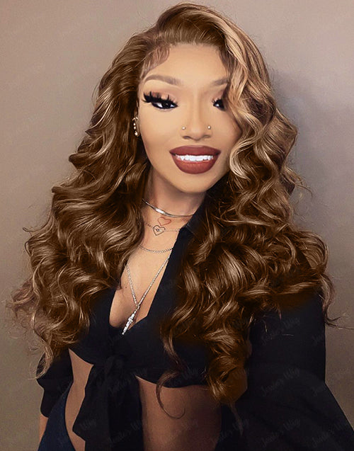 Aurora- Highlights Honey Brown Loose Wavy 13x4 Frontal Lace Glueless Wig Human Hair