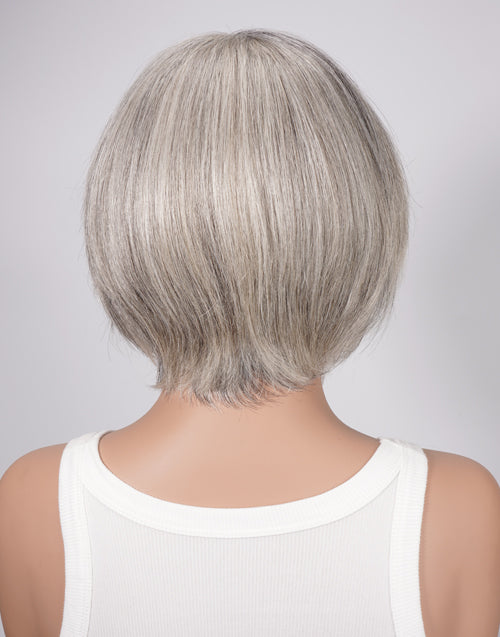 Toya- Highlight Light Grey Straight Wig With Side Bangs Full Basic Cap 100% Human Hair Wigs Short Cut Style