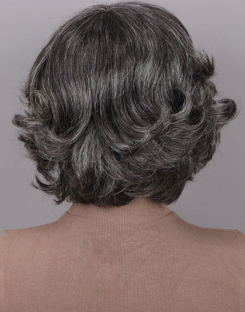 Arit- Medium Salt & Pepper Natural Wavy Bob Wig With Bangs For Women Glueless Wig Silver Gray Non Lace Wig