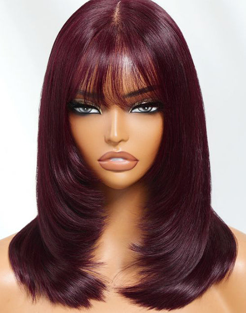 Page- Burgundy Layer Cut Straight Bob Wigs With Bangs No Glue No Gel Fringe Wigs