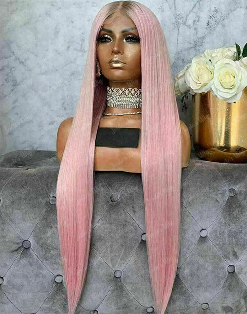 Belen-13x4 Ombre Light Pink Straight Lace Frontal Wig Pre plucked Glueless Human Hair Wig