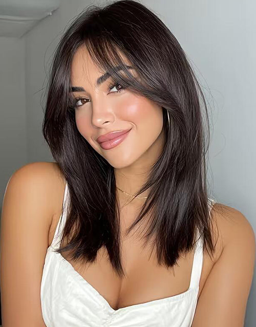 Claudia- Black/Brown Color Natural Straight Layers Bob Wig With Curtain Bangs For Daily Wear Glueless Wig Human Hair