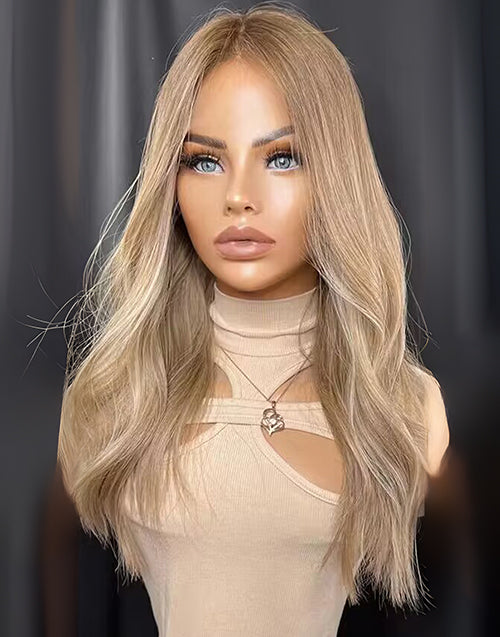 Semy-Medium Length Warm Blonde Highlight Wig With Dark Brown Roots Human Hair 13x6 Lace Front Wig