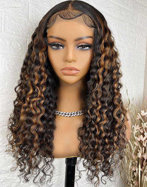 Piano Brown Deep Curly 4x4 HD Lace Wig Glueless Preplucked Highlight Human Hair Wig