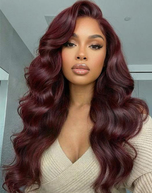Shayla- Smart-Fit Pull Go Dark Auburn Side Part Big Bouncy Wave Glueless Wig Human Hair Pre Cut Lace