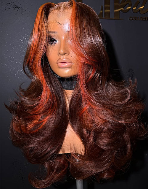 Aby- Full 250% Density Hightlight Wig With Ombre Brown And Orange Wavy Wig Pre Cut Lace