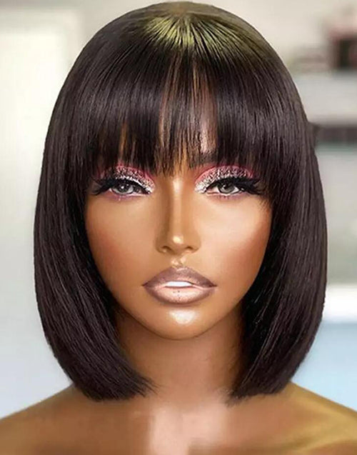 Plus 30% Off 10" 12" 14" 99J Brown Black Color Layer Cut Straight Bob Wig With Bangs Glueless Wigs Flash Deal