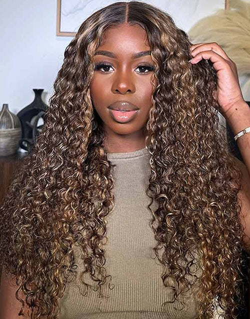 Glueless Pull Go Wigs Balayage Honey Brown 6x5 Cap Lace Water Wave Wig Human Hair
