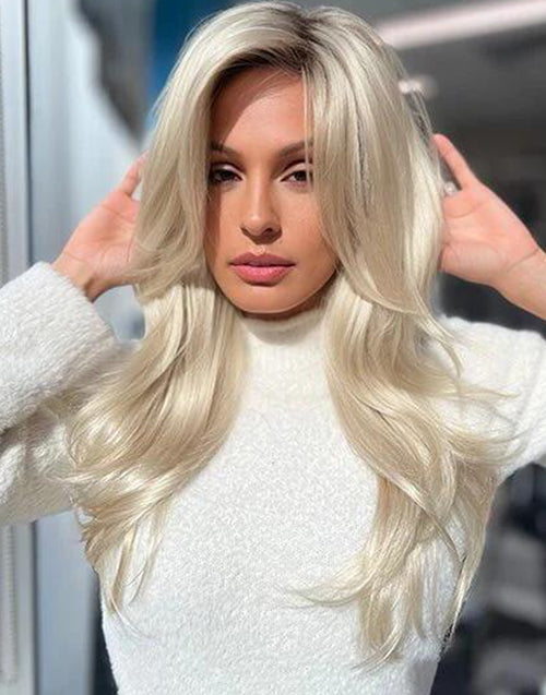 Joel- Platinum Blonde Highlight Layered Cut Wavy Wig With Curtain Bangs Dark Root 13x4 Lace Wigs For Women