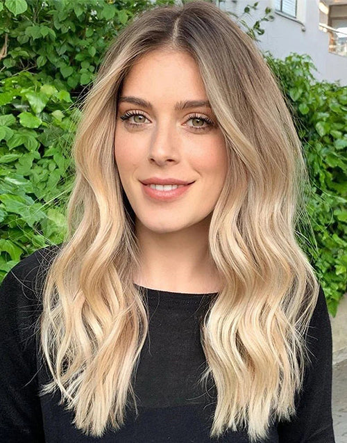 Autom-Premium Luxury Blonde Wavy Lace Front Wig Balayage Human Hair Ombre Shadow Root Wig