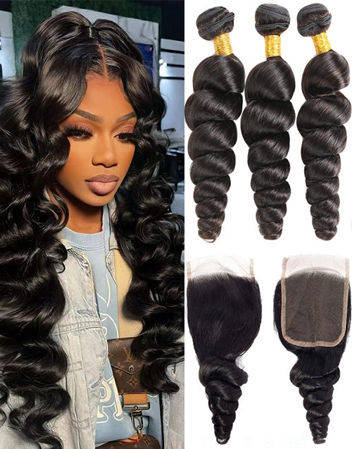 Human Hair Bundles Loose Wave 3 Bundles With 4x4 Lace Closure