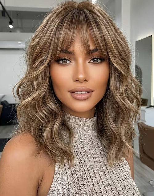 Latasha- Light Chestnut Highlights With Amber Golden Wavy Bob True-Hold Glueless 5.5x5.5 Lace Wig For Women 100% Human Hair