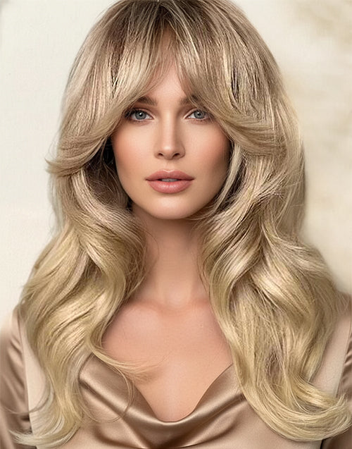 Tiffany- Curtain Bangs Ombre Blonde With Brown Root Wavy Lace Front Glueless Wig For Women