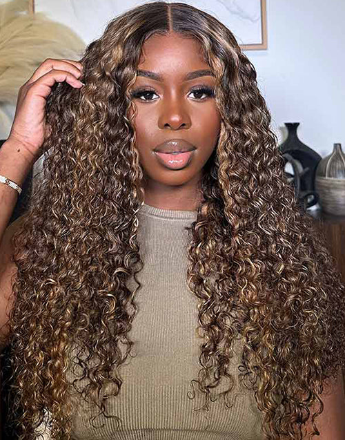 Glueless Pull Go Wigs Balayage Honey Brown 6x5 Cap Lace Water Wave Wig Human Hair