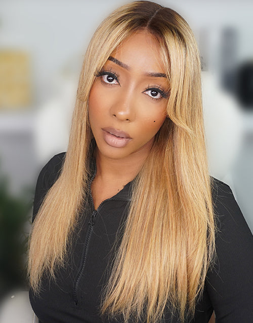 Tuna- Influencer Same Vibe Ombre Brown Honey Layered Straight Wig With Bangs Pre Cut Lace