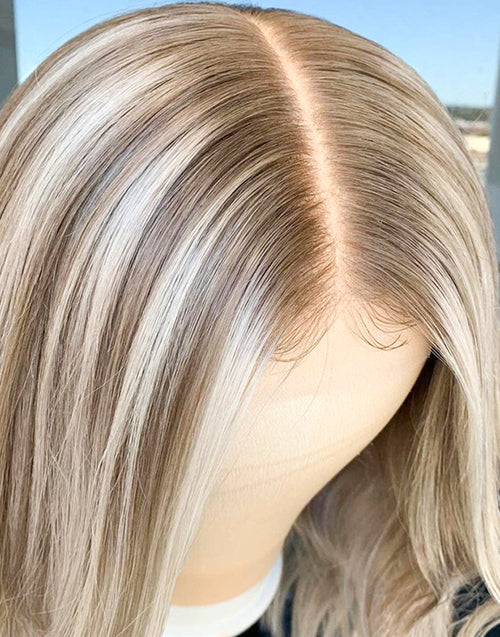 Cassie- Light Blonde With Brown Highlight Wavy 13x4 Lace Wig Mid Length For Women