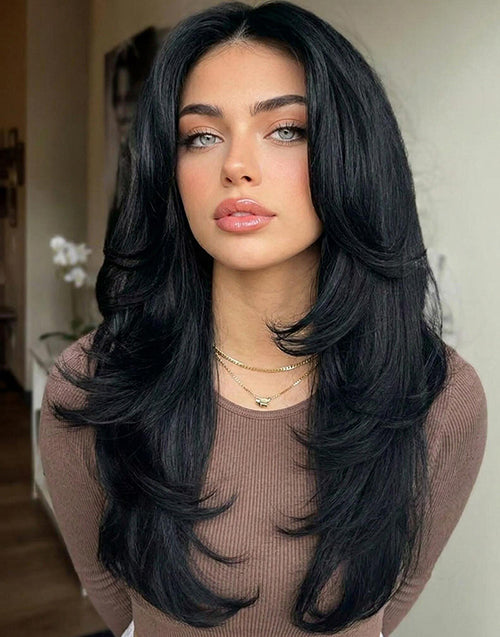 Geise- Wavy Layered Style With Curtain Bangs Glueless Wig Pre Cut Lace Human Hair