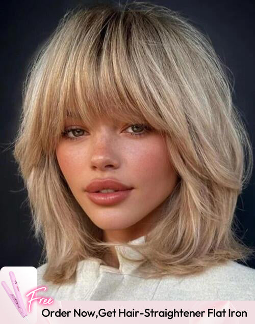 12" Minimalist Lace Ombre Ash Blonde Bob Layered Straight Wig With Bangs Flash Deal