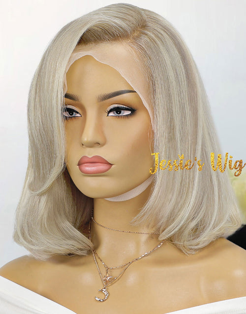 Lay-Layered Bob Natural Highlight Ash Blonde With Dark Roots Color Wig Collar bone length haircuts