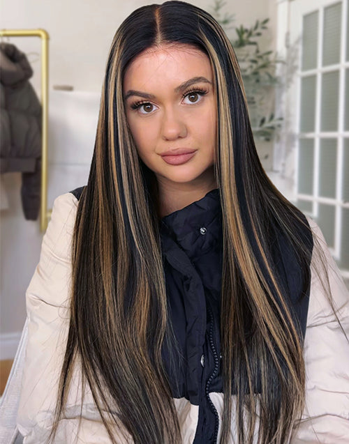 Winey- Piano Honey With Black Highlight Color Straight 13x5 Glueless Pre Cut Lace Wigs For Women