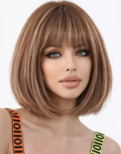 Dra- Minimalist Lace Highlight Honey Brown Straight Blunt Cut Bob Wig With Bangs Glueless Wig