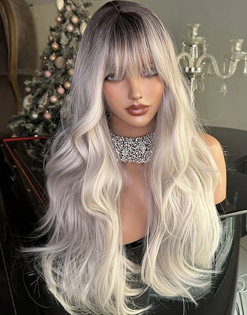 Saudy- Ombre Ash Blonde Wavy Lace Front Wig With Bangs Human Hair Gluless Wig