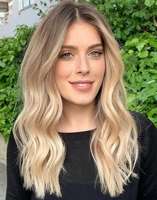 Autom-Premium Luxury Blonde Wavy Lace Front Wig Balayage Human Hair Ombre Shadow Root Wig