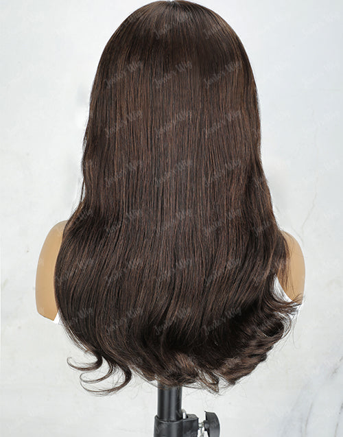 Chesnut Brown Wavy Layer Cut Glueless Wig With Curtain Bangs Pre Cut 9x6 Lace Human Hair