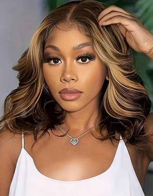 $149=2 WIGS|14" Highlight Brown Wavy Bob 4x4 Lace Wig+12" Curtain Bangs Layered Straight Bob 7x5 Pre Cut Lace Wig Flash Sale