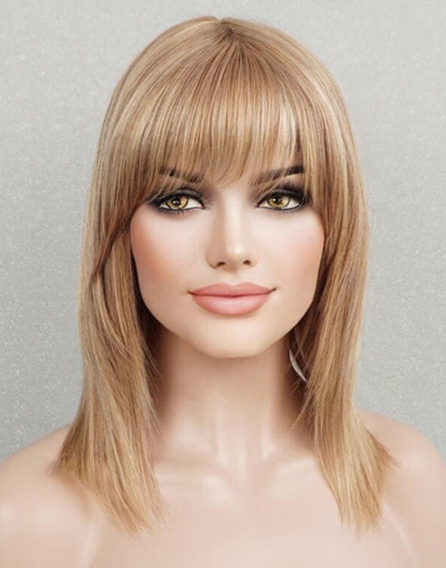 Layla- Gloden Bloned Mixed Light Brown Straight Human Hair Layered Bob Wig With Wispy Bangs Minimalist Lace Glueless Wig